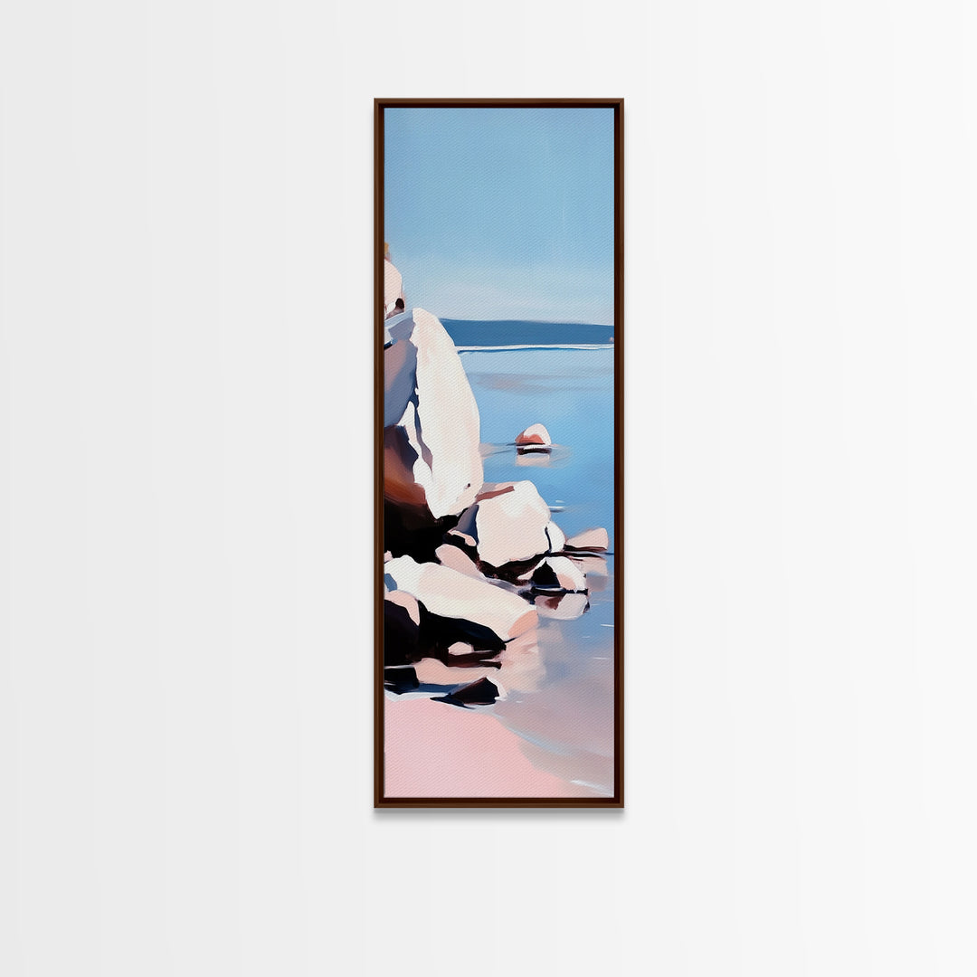 Rocky Shoreline, Minimalist Coastal Art, Nature Inspired Painting, Earthy Tones, Tranquil Beach Scene, Ocean View, Canvas Print