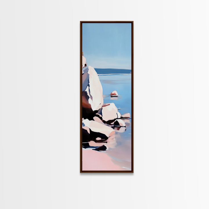 Rocky Shoreline, Minimalist Coastal Art, Nature Inspired Painting, Earthy Tones, Tranquil Beach Scene, Ocean View, Canvas Print