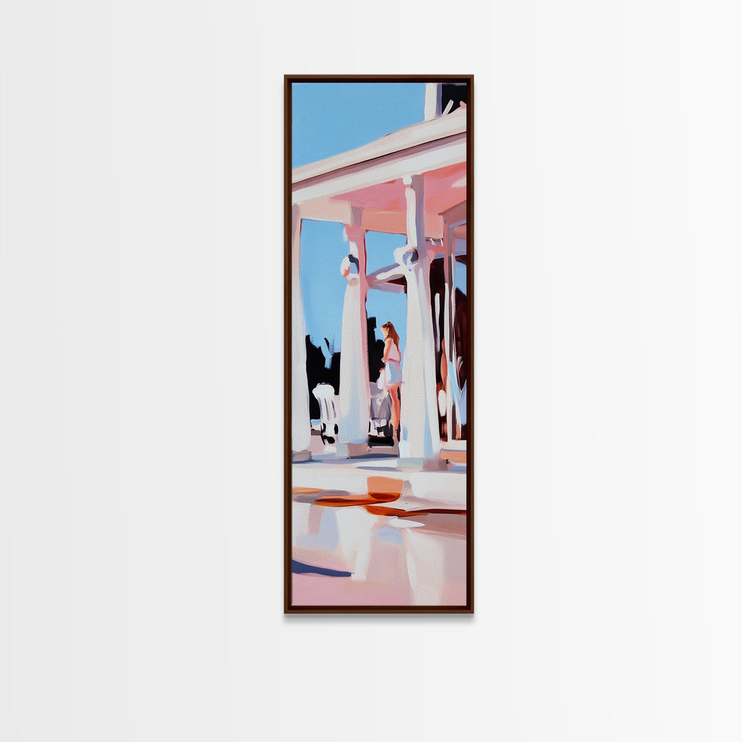 Coastal Columns, Summer Escape, Warm Pastels, Architecture Art, Framed Canvas Print, Living Room Wall Art, Modern Decor, Beach House Style