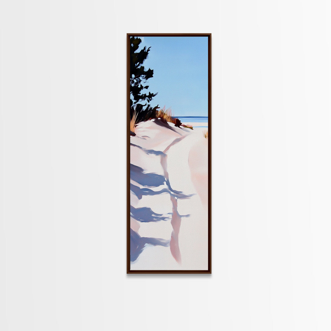 Ocean Walkway, Dunes and Shadows, Coastal Serenity, Soft Light, Framed Canvas Print, Living Room Wall Art, Beach House Decor