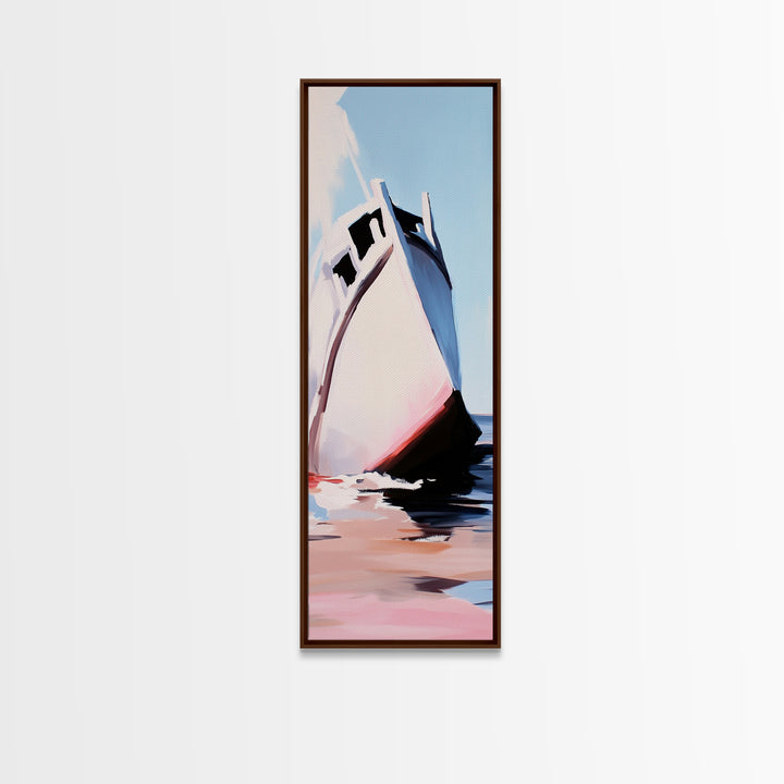 Ocean Boat, Seascape, Nautical, Modern Art, Coastal Wall Decor, Beach House, Minimalist, Blue, White, Framed Canvas Print