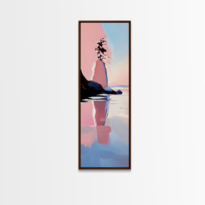 Coastal Rock, Serene Landscape, Pastel Seascape, Ocean Reflection, Boho Wall Art, Nature Inspired Framed Canvas Print, Living Room Decor