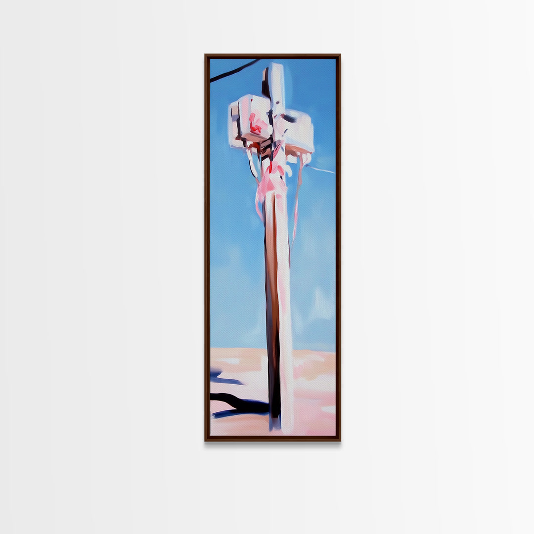 Coastal Utility Pole, Minimalist Beach Art, Soft Pastel Aesthetic, Sky Blue Landscape, Modern Wall Decor, Framed Canvas Print, Ocean Vibes