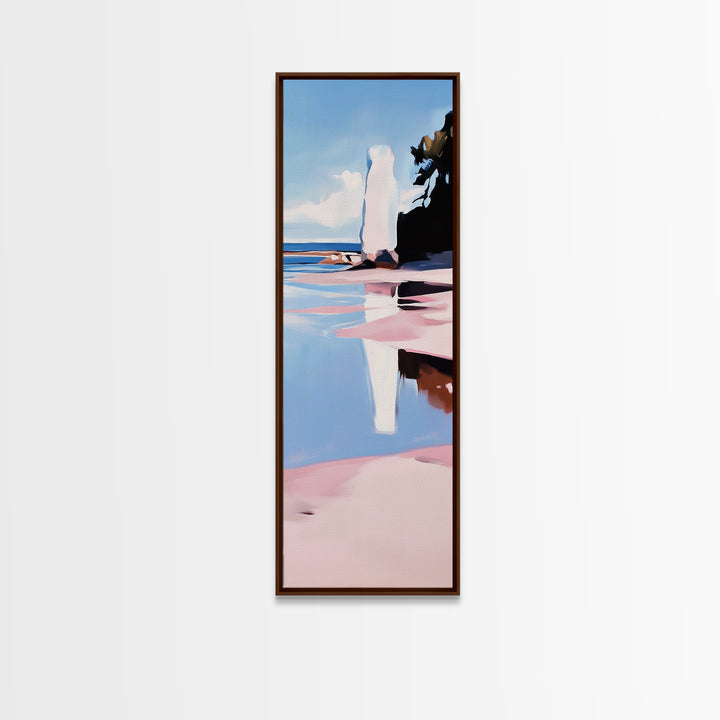 Rock Formation, Coastal Reflection, Ocean Landscape, Soft Pastel Seascape, Modern Boho Art, Nature Inspired Framed Canvas Print, Zen Decor