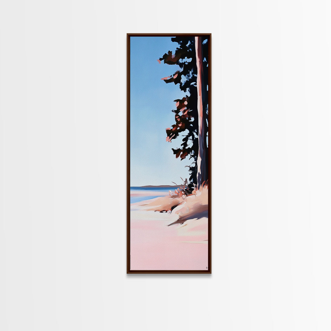 Coastal Serenity, Beach Tree Shadows, Minimalist Nature Scene, Soft Pink Blue Landscape, Tranquil Home Art, Framed Canvas Print, Ocean Escape