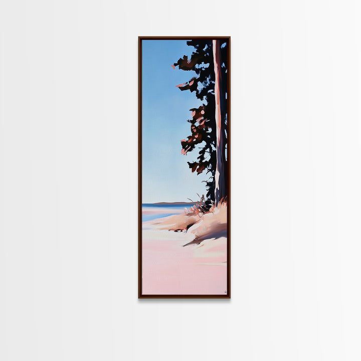 Coastal Serenity, Beach Tree Shadows, Minimalist Nature Scene, Soft Pink Blue Landscape, Tranquil Home Art, Framed Canvas Print, Ocean Escape