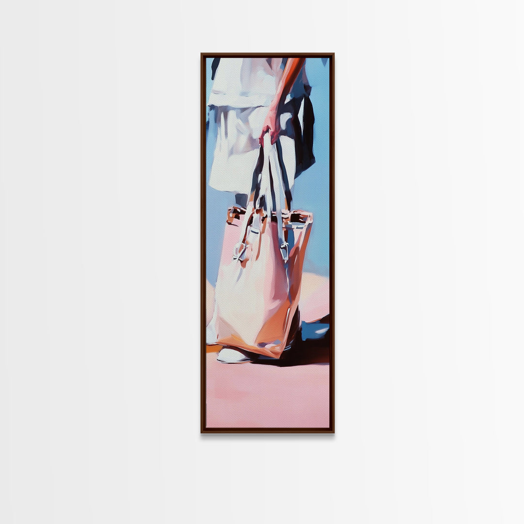 Chic Tote Bag, Fashion Illustration, Feminine Art, Pastel Minimalist Art, Modern Wall Decor, Stylish Bedroom, Framed Canvas Print