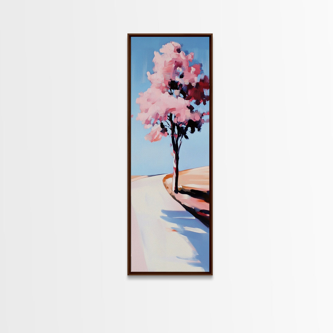 Cherry Blossom Tree, Serene Landscape Painting, Romantic Pink Art, Tranquil Nature Decor, Spring Home Decor, Framed Canvas Print