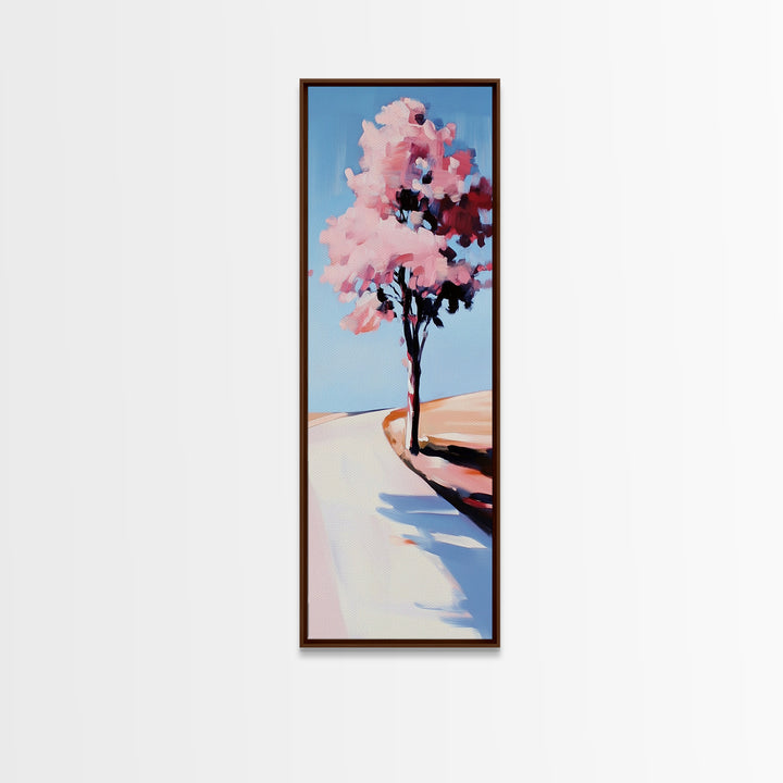 Cherry Blossom Tree, Serene Landscape Painting, Romantic Pink Art, Tranquil Nature Decor, Spring Home Decor, Framed Canvas Print