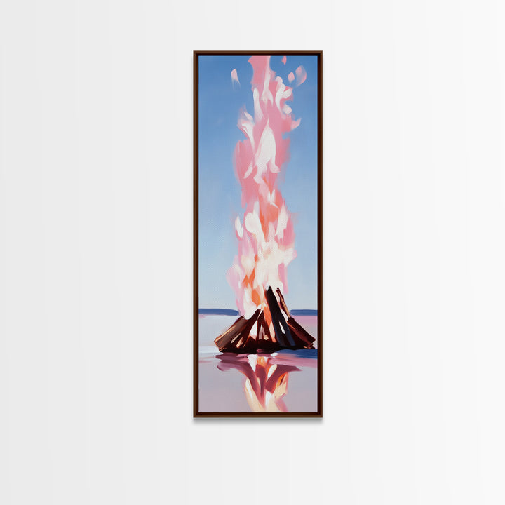 Campfire Glow, rustic cabin art, warm autumn decor, boho landscape, firelight painting, cozy home art, framed canvas print