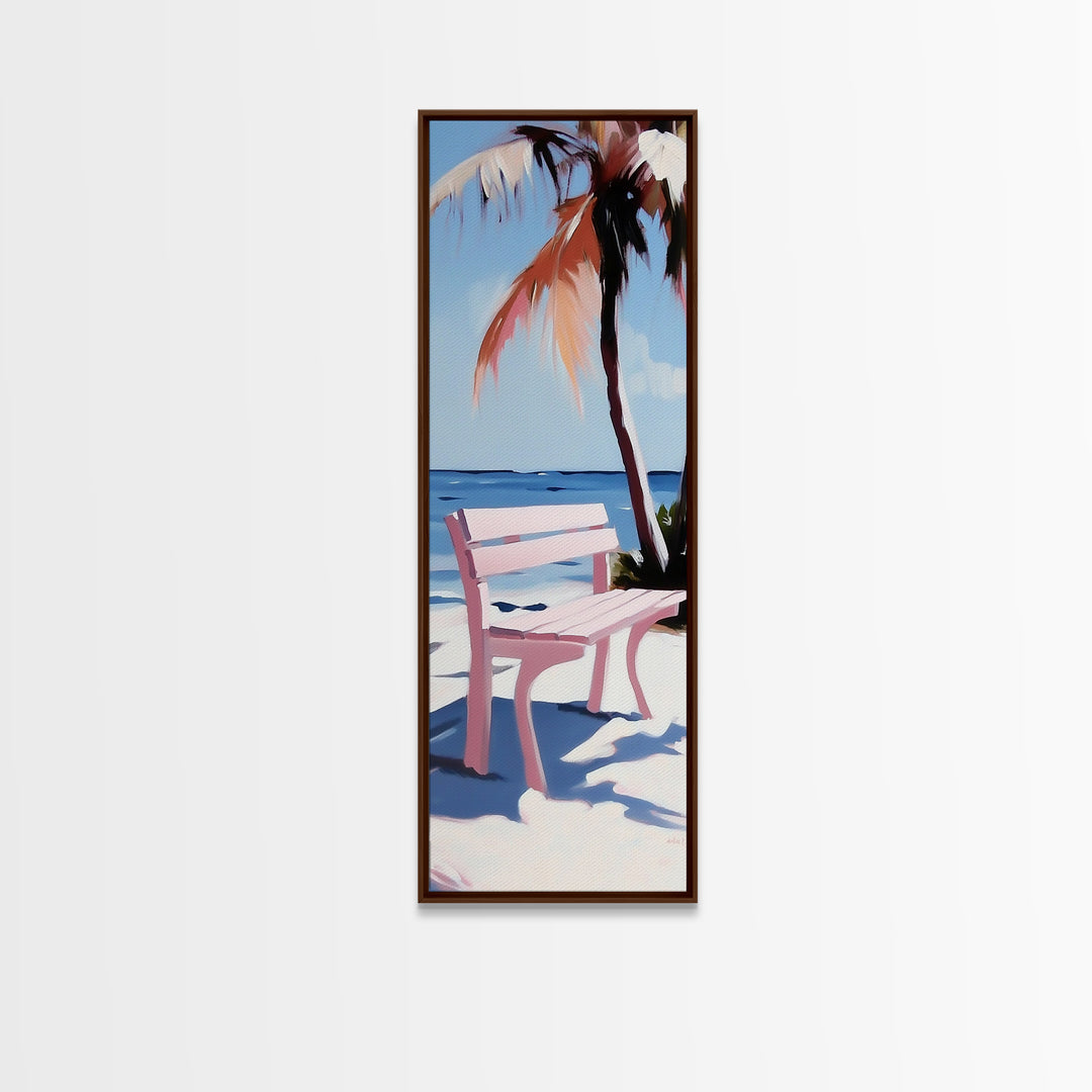Beach Bench, Palm Tree, Ocean View, Framed Canvas Print, Coastal Wall Art, Tropical Decor, Boho Beach Art, Living Room Wall Art