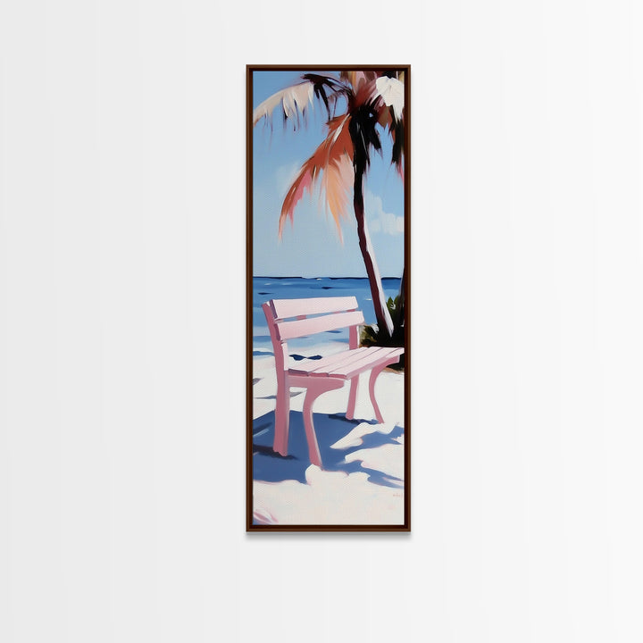 Beach Bench, Palm Tree, Ocean View, Framed Canvas Print, Coastal Wall Art, Tropical Decor, Boho Beach Art, Living Room Wall Art