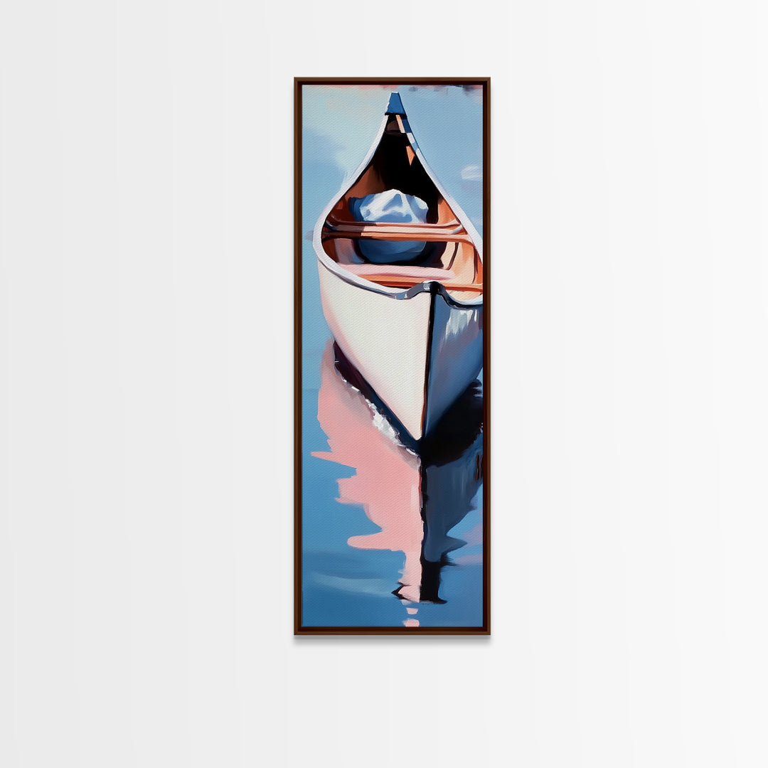 Canoe on Water, peaceful lake scene, wilderness art, adventure painting, modern minimalism, nature lover’s decor, framed canvas print