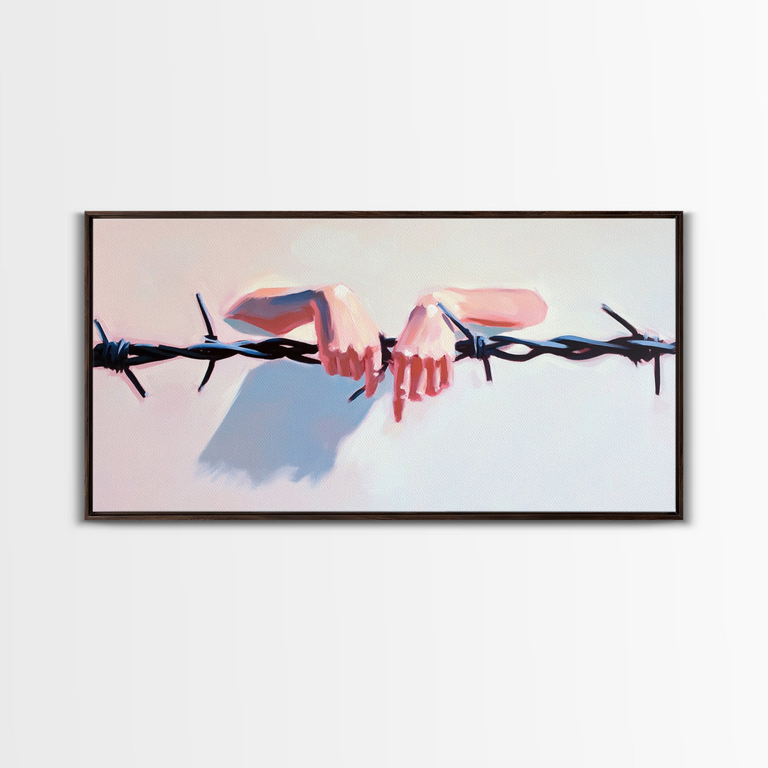 Hands on Barbed Wire, Surreal Art, Emotional Aesthetic, Modern Symbolism, Thought-Provoking Decor, Contemporary Wall Art, Canvas Print