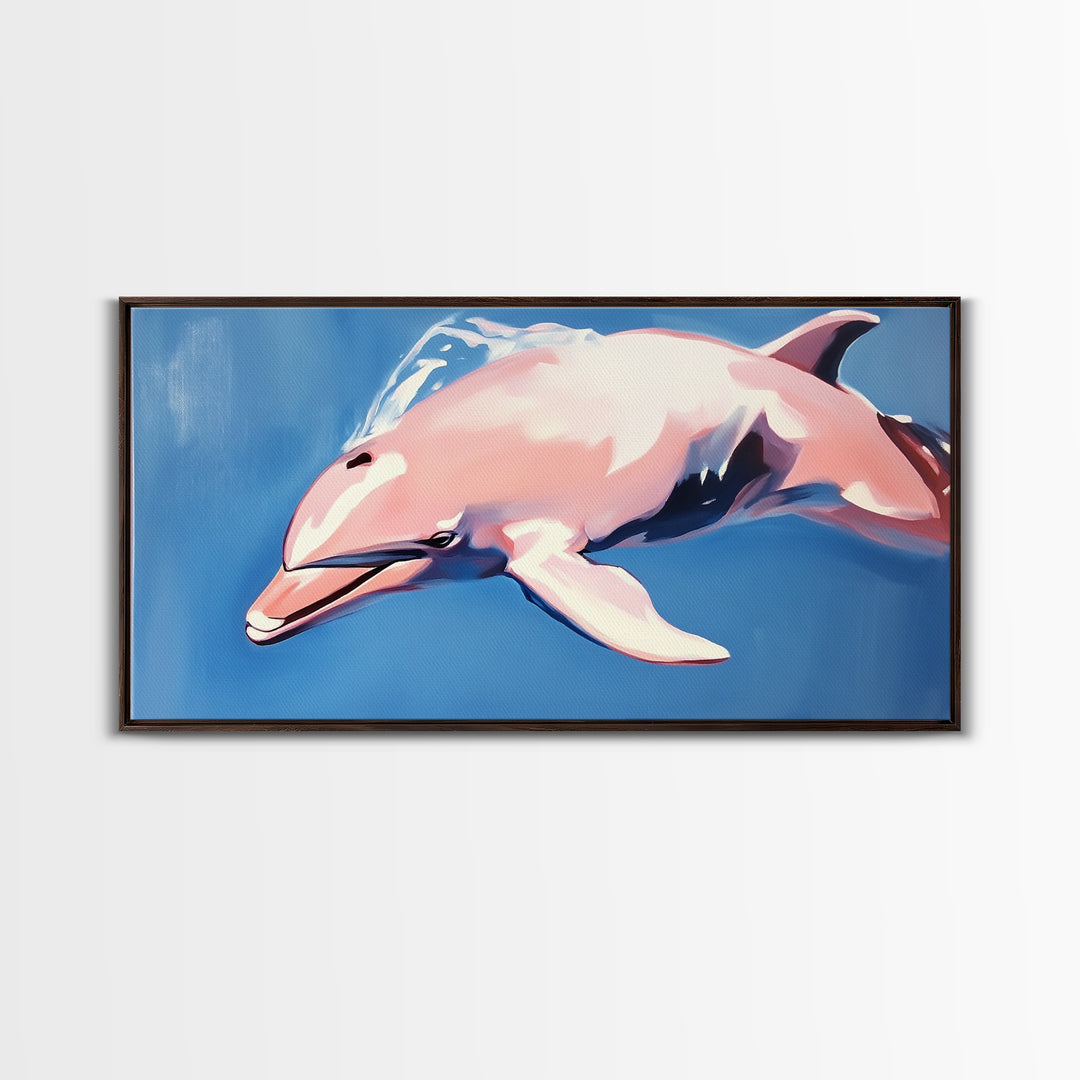 Dolphin Painting, Ocean Wall Art, Coastal Home Decor, Marine Life Artwork, Blue and Pink Art, Beach House Art, Framed Canvas Print