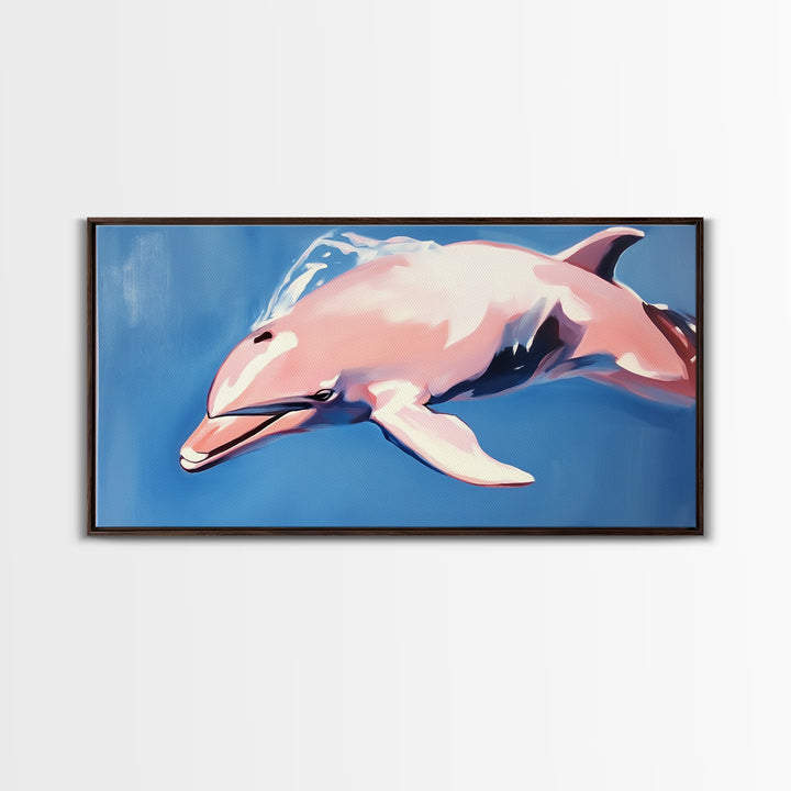 Dolphin Painting, Ocean Wall Art, Coastal Home Decor, Marine Life Artwork, Blue and Pink Art, Beach House Art, Framed Canvas Print