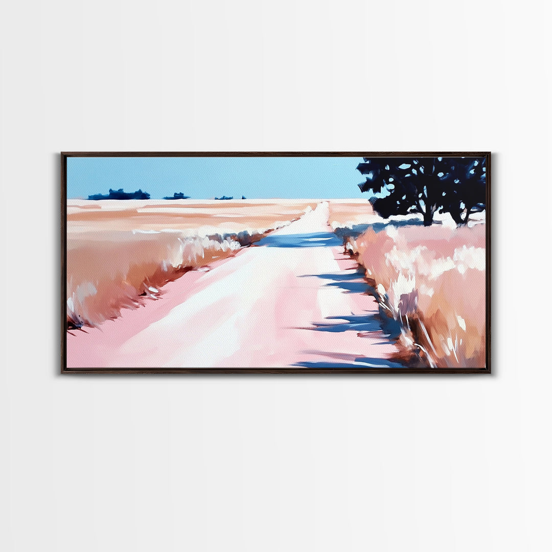 Countryside Path Art, Rustic Landscape Print, Minimalist Nature Painting, Warm Autumn Decor, Serene Scenic Artwork, Framed Canvas Print