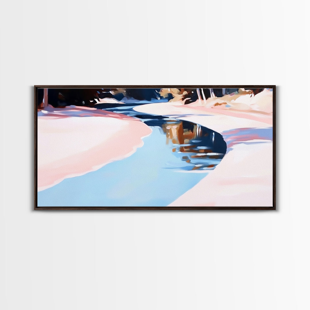 River Reflection, Serene Water Scene, Tranquil Nature Wall Art, Soft Pastel Landscape, Rustic Wilderness Decor, Framed Canvas Print