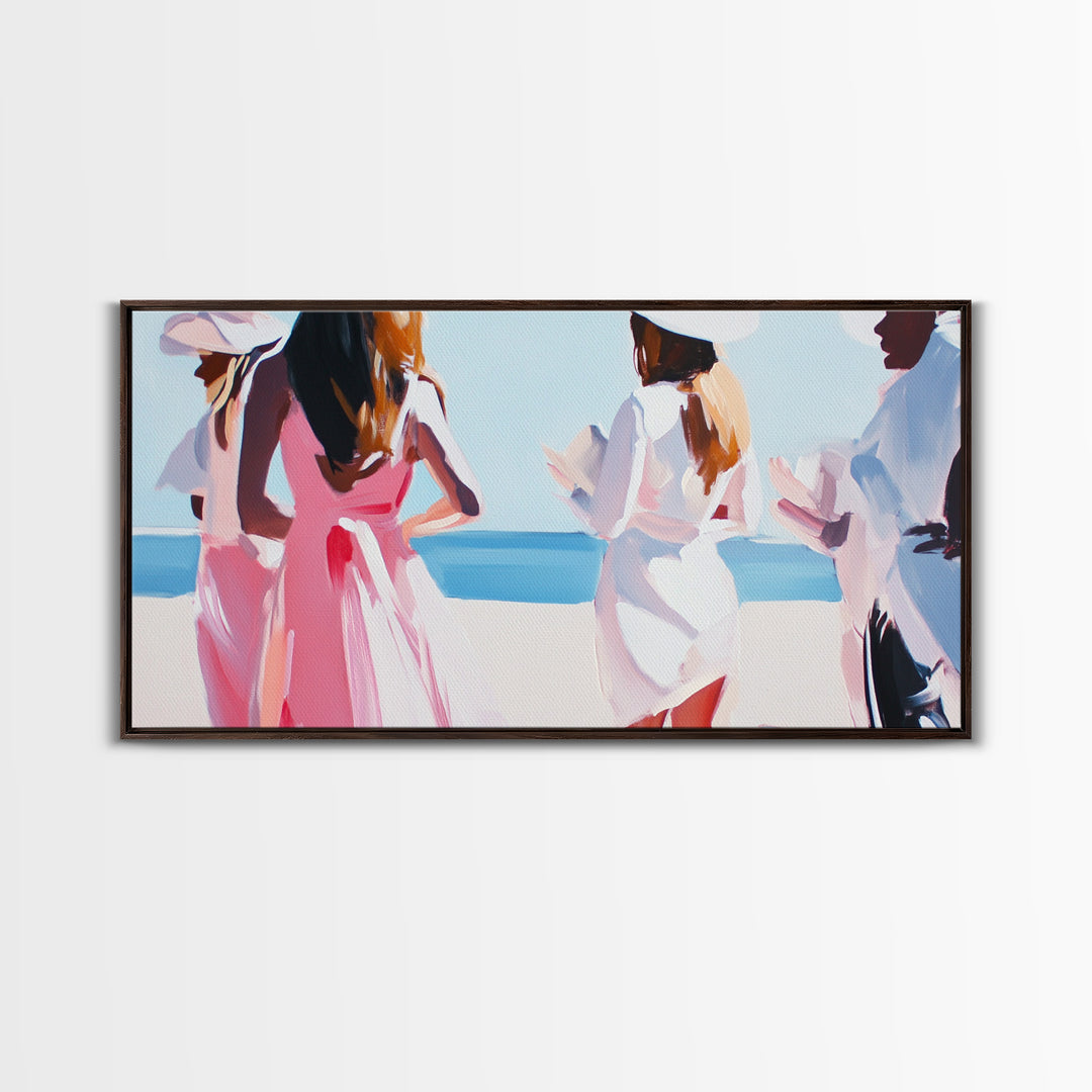 Beach Wedding Art, Elegant Women Painting, Soft Pastel Coastal Decor, Feminine Ocean Scene, Chic Minimalist Aesthetic, Canvas Print