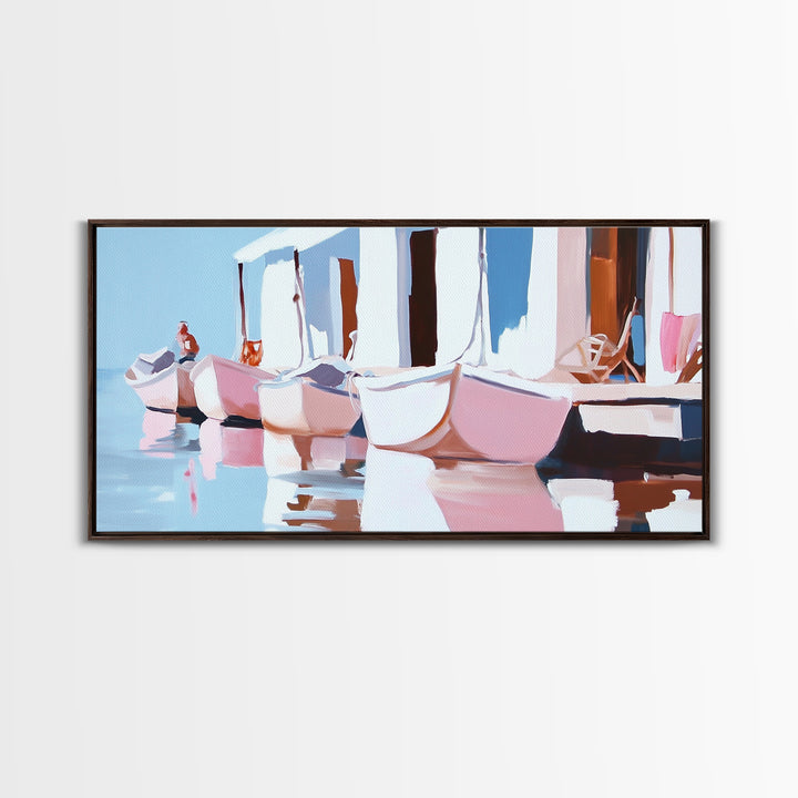 Docked Boats, Nautical Coastal Art, Mediterranean Harbor Scene, Framed Canvas Print, Beach House Wall Decor, Nautical Home Art