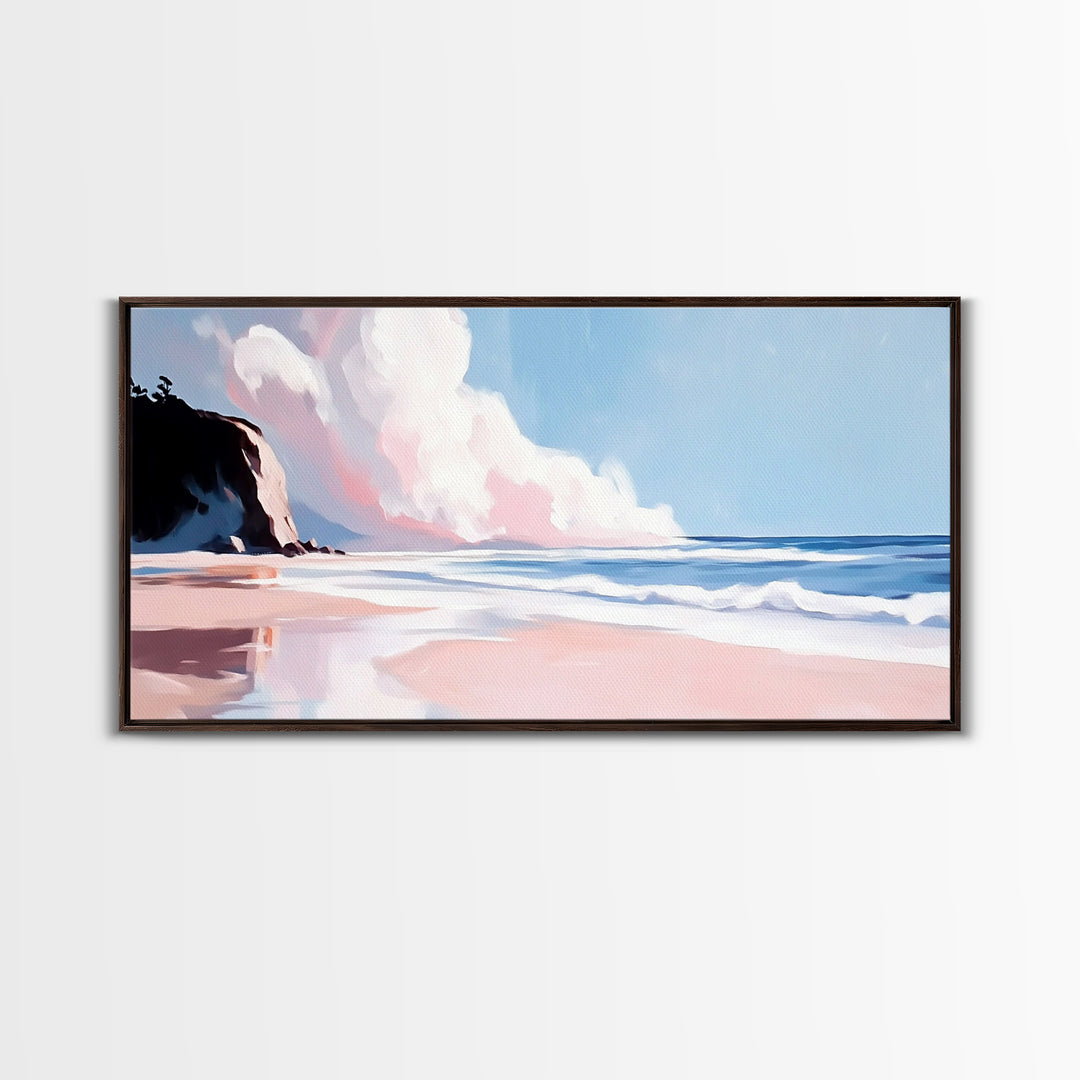 Ocean Cliff, Dreamy Coastal Landscape, Pastel Seascape Art, Framed Canvas Print, Beach House Wall Decor, Relaxing Ocean Scene