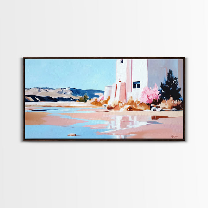 Desert Landscape, White House, Pink Trees, Canvas Print, Modern Southwest Art, Living Room Wall Art, Warm Earthy Tones, Minimalist Nature