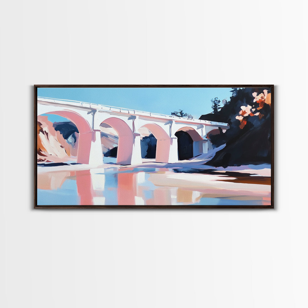 Bridge Reflection, Scenic River, Pastel Landscape, Canvas Print, Architecture Art, Living Room Wall Art, Minimalist Water Scene, Travel Art