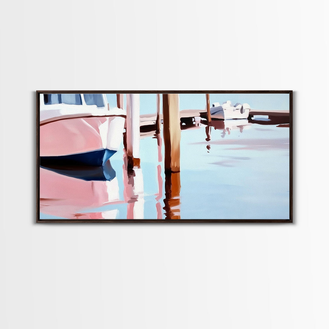 Docked Boats, Waterfront Scene, Canvas Print, Nautical Home Decor, Living Room Wall Art, Soft Pastel Aesthetic, Minimalist Seaside