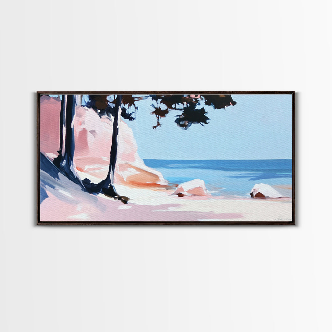 Beach Cliffs, Ocean Landscape, Coastal Art, Modern Wall Decor, Living Room Art, Framed Canvas Print, Minimalist Seascape, Pastel Artwork