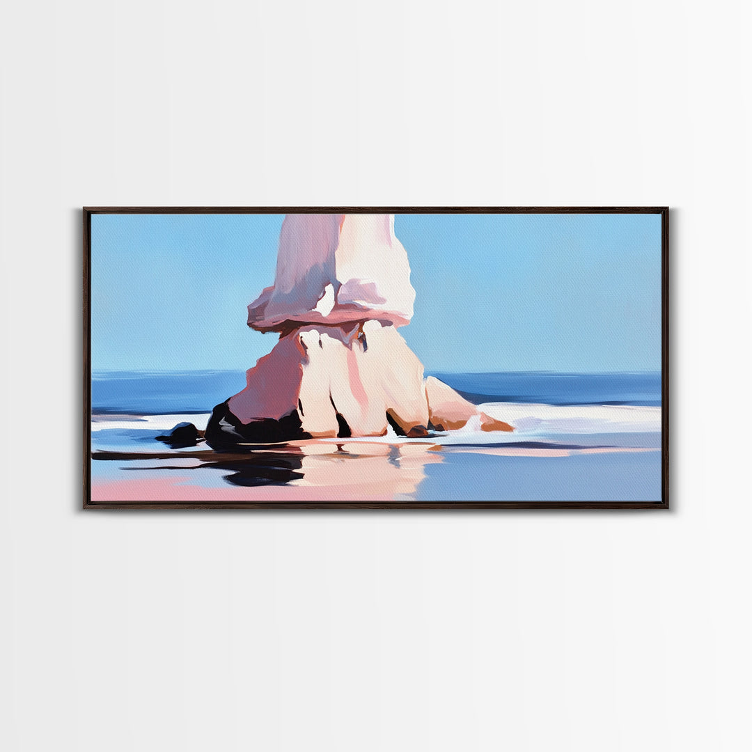 Ocean Rock, Coastal Seascape, Beach Art, Canvas Print, Nature Wall Decor, Blue and Pink Landscape, Living Room Painting, Modern Art