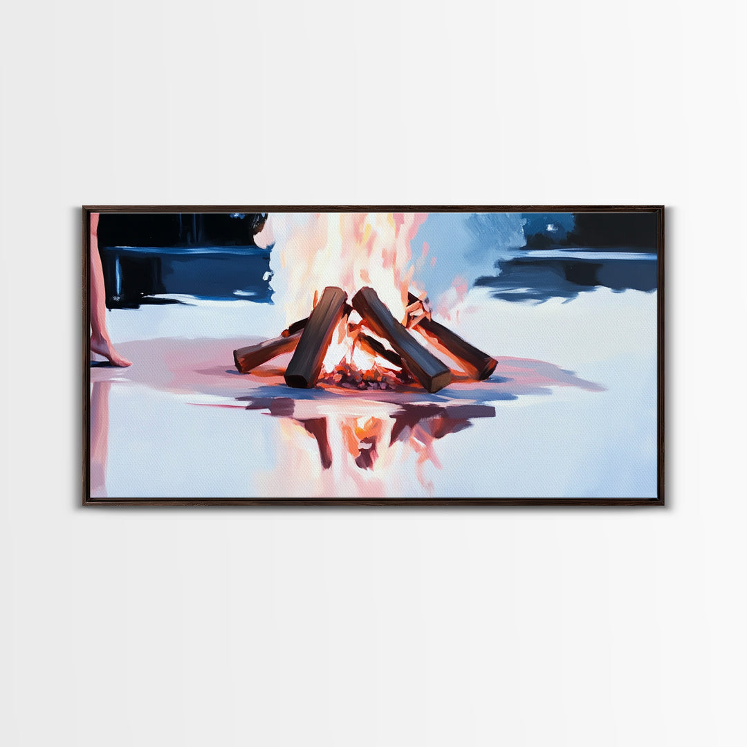 Cozy Bonfire, Fire Reflection, Campfire Glow, Autumn Night, Framed Canvas Print, Cabin Wall Art, Rustic Decor, Warm Atmosphere, Fall Art
