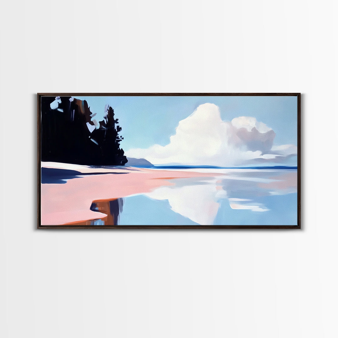 Cloudy Seascape Reflection, Tranquil Coastal Print, Minimalist Ocean Decor, Soft Pastel Landscape, Zen Home Art, Bedroom Framed Canvas Print