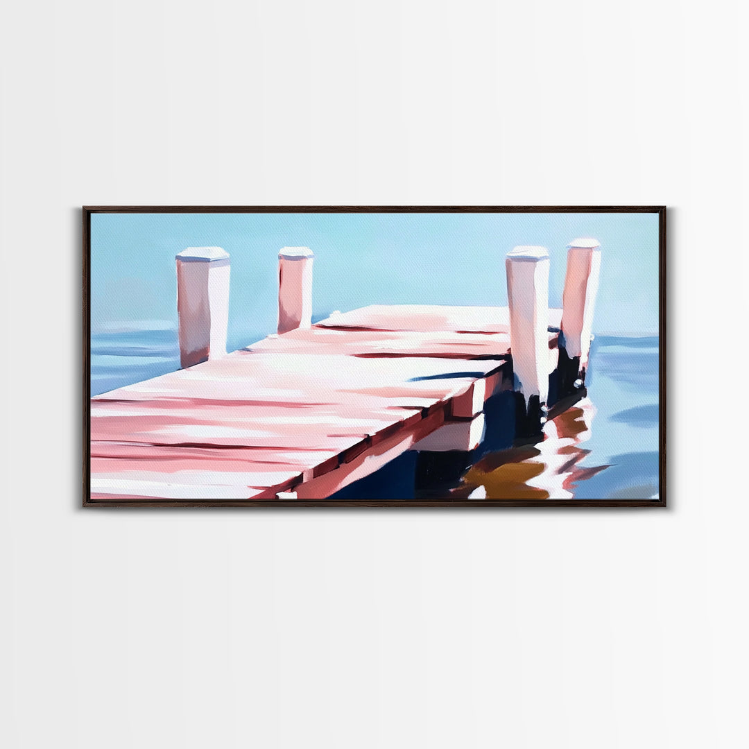 Dock on Water, Minimalist Seascape, Coastal Decor, Nautical Wall Art, Modern Beach Home, Summer Vibes, Blue Wall Art, Framed Canvas Print