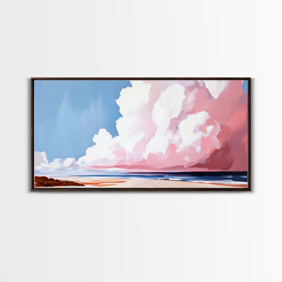 Cloudscape, Dreamy Sky, Coastal Horizon, Framed Canvas Print, Minimalist Art, Blue and Pink Decor, Bedroom Wall Art, Sky Lover Gift