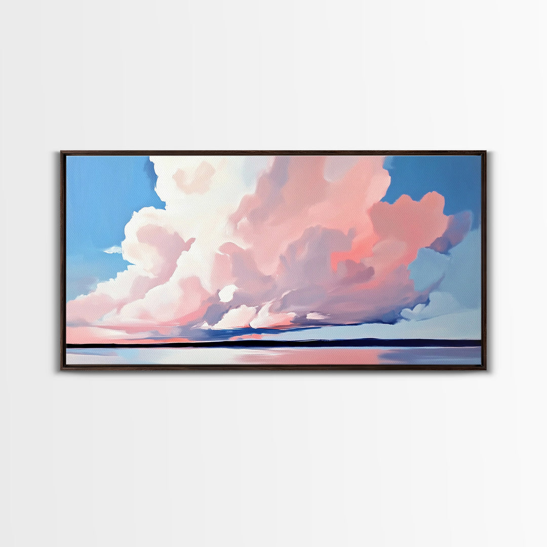 Sunset Glow, Cloud Reflections, Pastel Sky, Framed Canvas Print, Beach House Decor, Aesthetic Landscape, Contemporary Art, Serene Home Accent