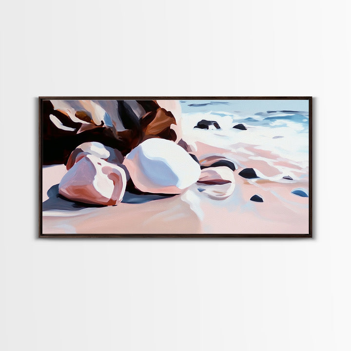 Coastal Rocks, Beach Waves, Ocean Wall Art, Framed Canvas Print, Nautical Decor, Summer Vibes, Relaxing Seaside Scene, Living Room Art