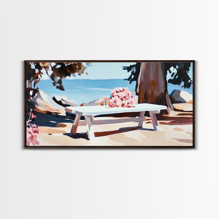Beach Picnic, Seaside Dining, Summer Wall Art, Framed Canvas Print, Coastal Decor, Relaxing Atmosphere, Kitchen Art, Nautical Aesthetic