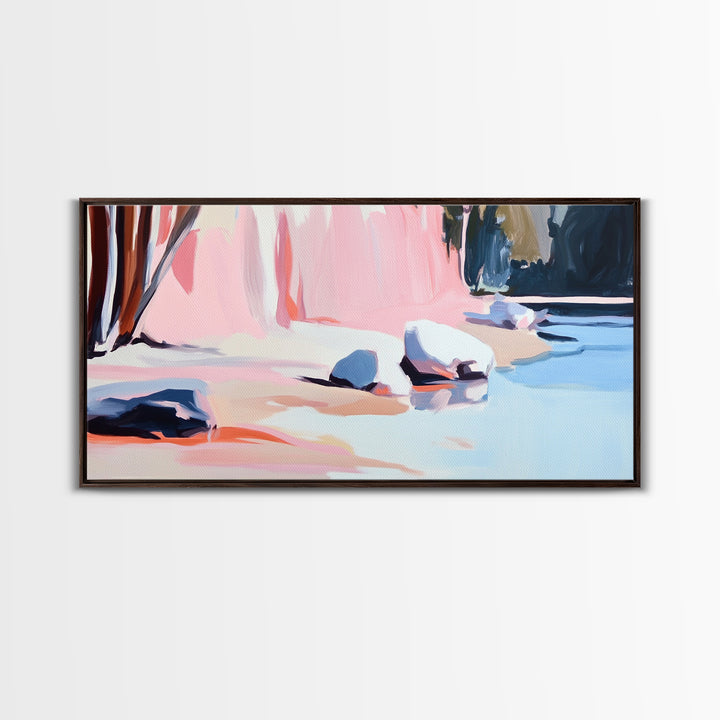 Rocky Beach, Nature Scene, Framed Canvas Print, Minimalist Seascape, Ocean Wall Art, Earthy Home Decor, Modern Coastal Art, Office