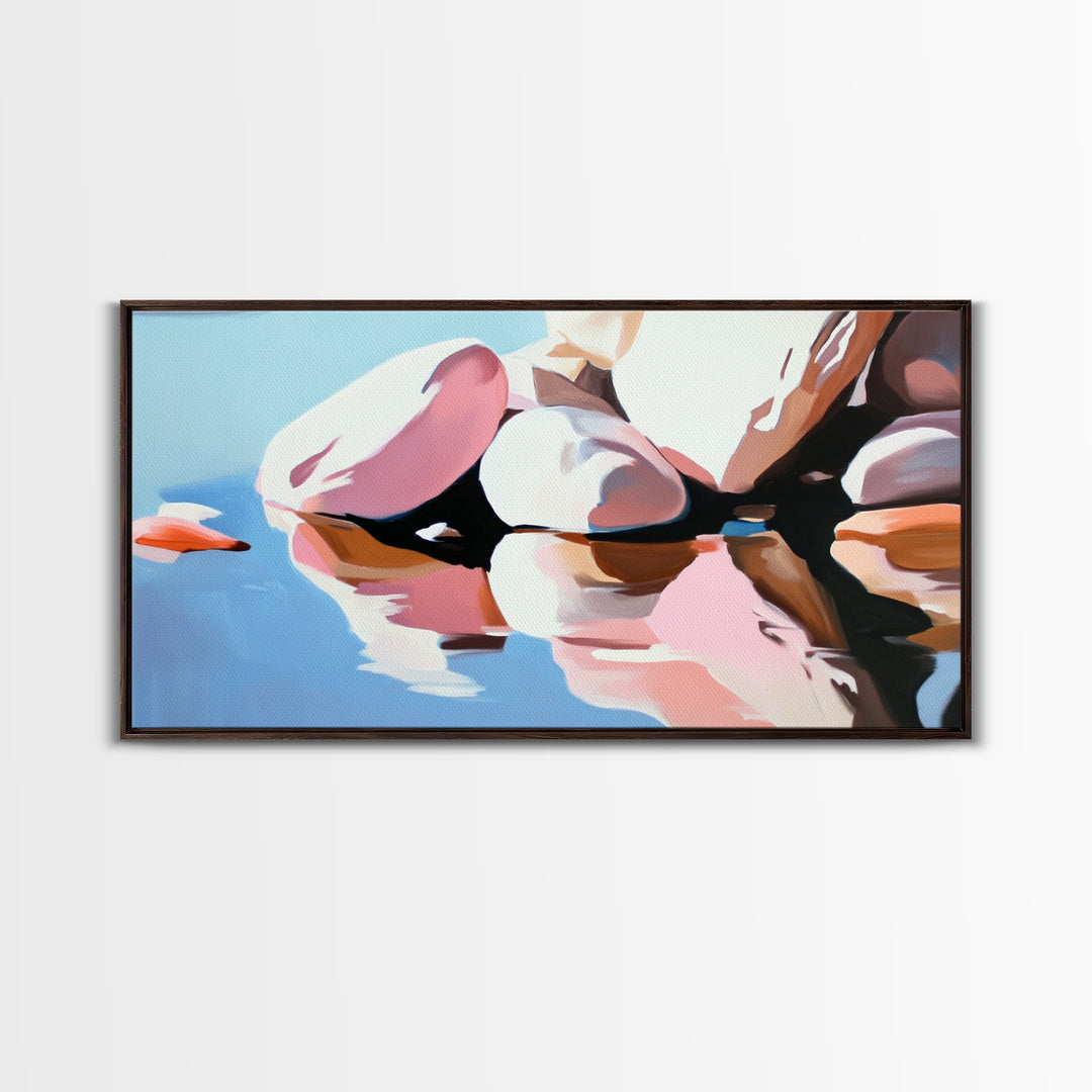 River Rocks, Reflections, Framed Canvas Print, Minimalist Nature Art, Abstract Water Scene, Earthy Wall Art, Modern Decor, Living Room