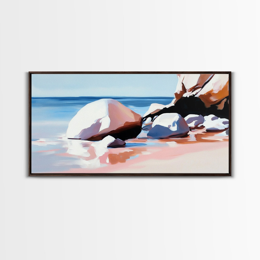 Ocean Stones, Beach Scene, Framed Canvas Print, Coastal Wall Art, Pastel Seascape, Nautical Decor, Serene Artwork, Bedroom Wall Art