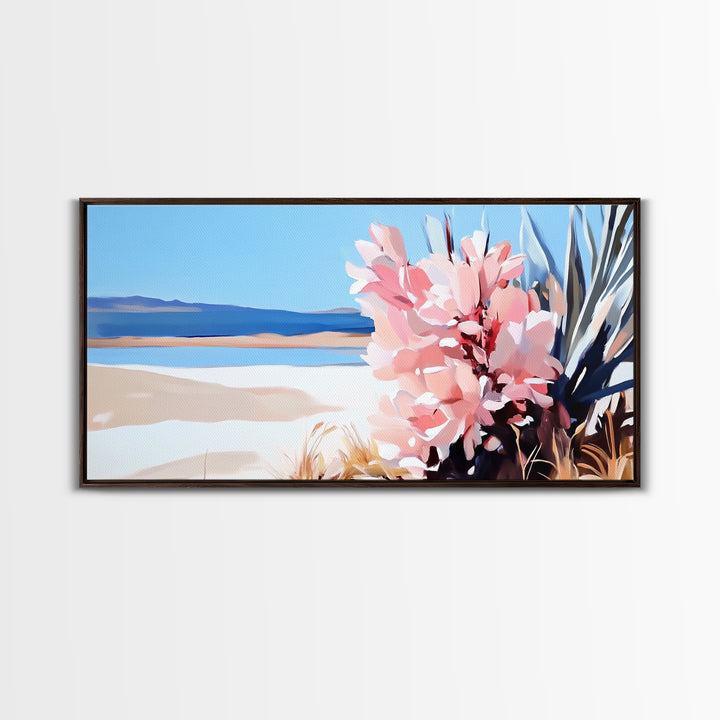 Desert Bloom, Southwest Landscape, Cactus and Flowers, Warm Toned Artwork, Boho Living Room Art, Pink and Blue Painting, Canvas Print
