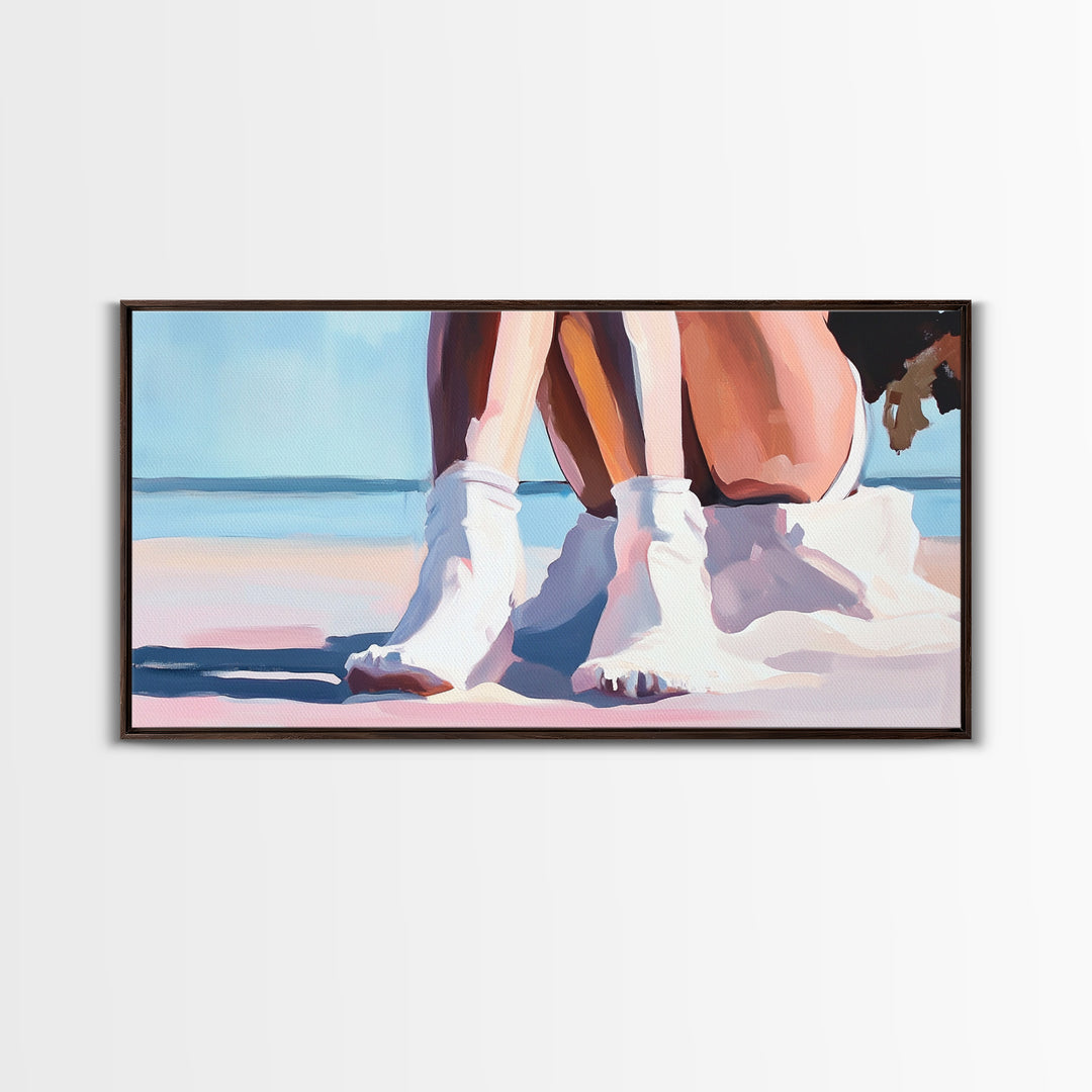 Beach Sitting, Relaxing Moment, Coastal Escape, Soft Pastels, Framed Canvas Print, Boho Art, Bedroom Wall Decor, Modern Minimalist Art