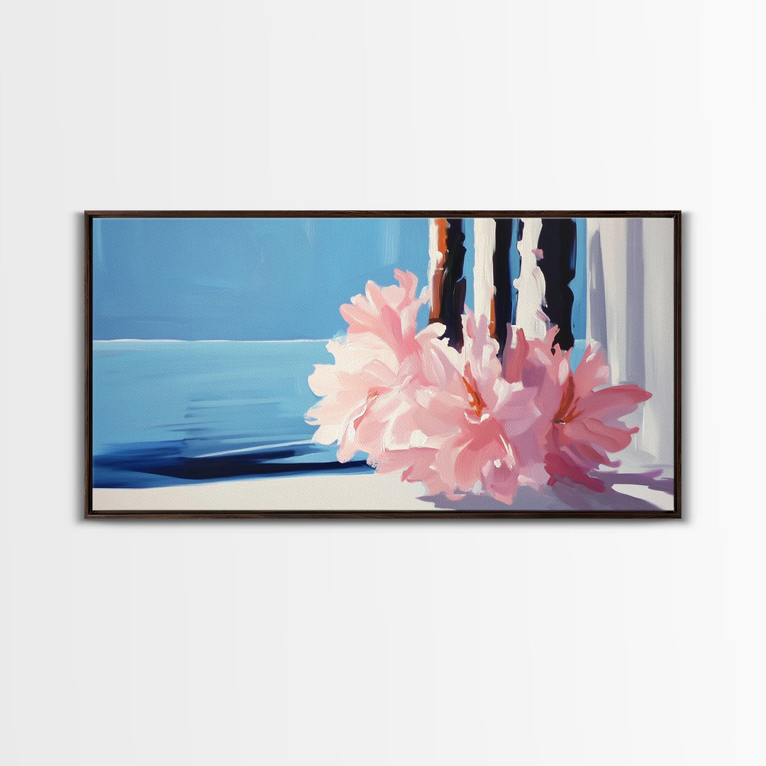 Ocean View, Floral Arrangement, Pastel, Canvas Print, Coastal Wall Art, Beach House Aesthetic, Modern Decor, Blue and Pink Theme