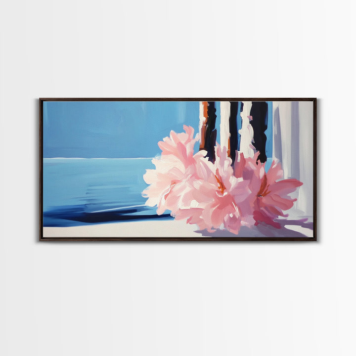 Ocean View, Floral Arrangement, Pastel, Canvas Print, Coastal Wall Art, Beach House Aesthetic, Modern Decor, Blue and Pink Theme