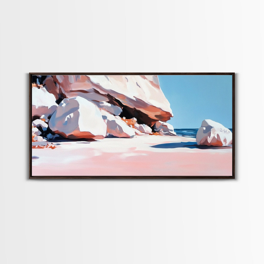 Rocky Beach Scene, Coastal Landscape, Modern Nature Art, Relaxing Seaside View, Framed Canvas Print, Ocean Wall Decor