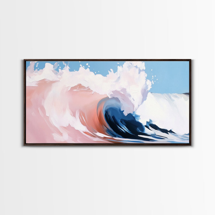 Ocean Wave, Abstract Beach Painting, Dynamic Wall Art, Coastal Decor, Surfer Aesthetic, Blue and White Framed Canvas Print