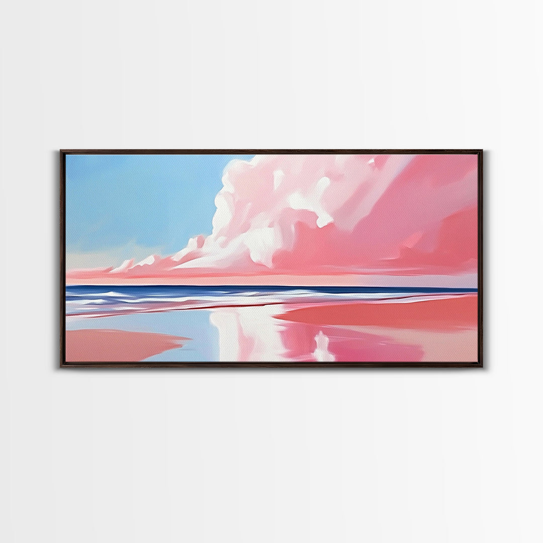 Pink Beach, Dreamy Ocean, Framed Canvas Print, Coastal Art, Minimalist Seascape, Modern Wall Decor, Soft Pastel Landscape