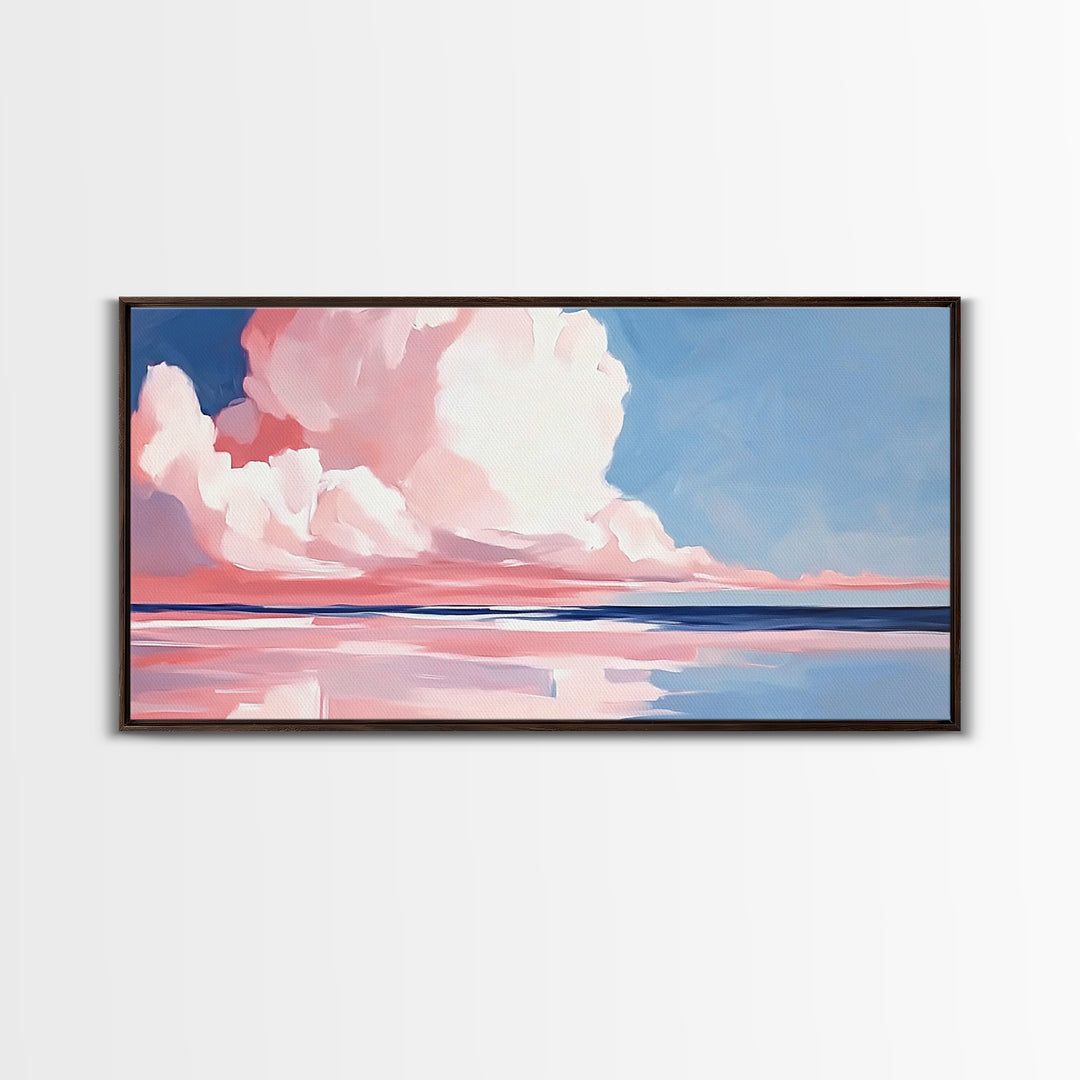 Cloudy Seascape, Pink Horizon, Framed Canvas Print, Coastal Art, Serene Wall Decor, Sunset Painting, Ocean Aesthetic