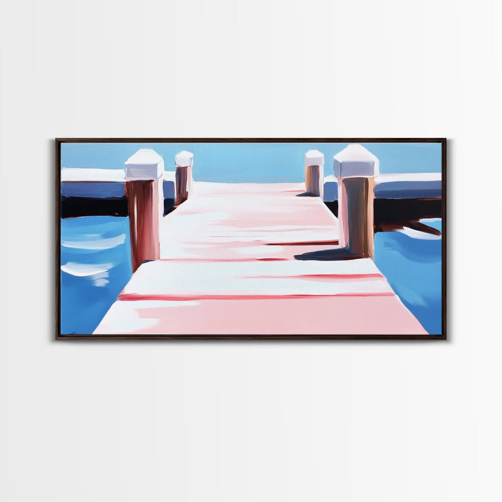 Dockside View, Nautical Art, Framed Canvas Print, Coastal Wall Decor, Beach House Aesthetic, Minimalist Ocean Painting
