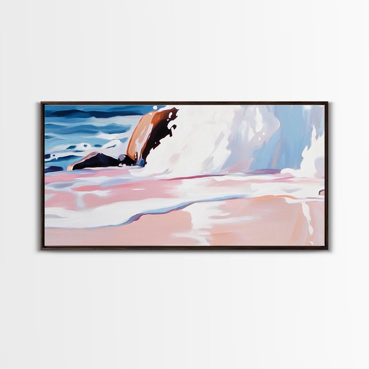 Rocky Shore, Wave Crash, Framed Canvas Print, Coastal Wall Art, Beach House Decor, Serene Seascape, Modern Ocean Painting